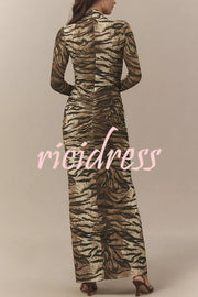 Winston Animal Print High-neck Long Sleeve Ruched Hip Stretch Maxi Dress