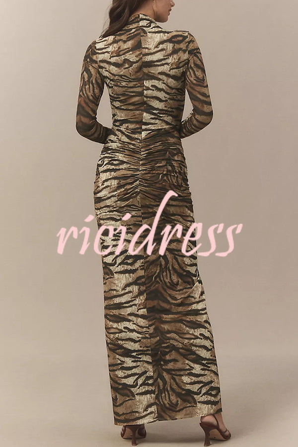 Winston Animal Print High-neck Long Sleeve Ruched Hip Stretch Maxi Dress