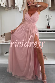 Solid Color Tulle Halter Back High Slit Maxi Dress