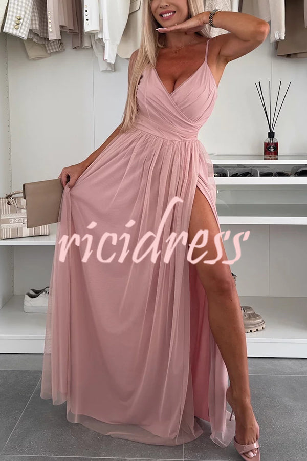 Solid Color Tulle Halter Back High Slit Maxi Dress