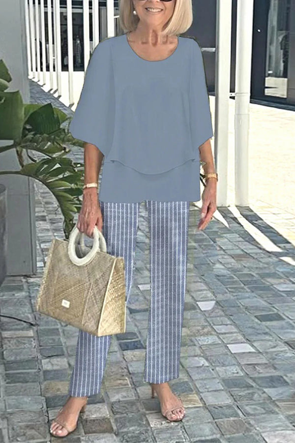 Fashion Round Neck Half Sleeve Loose Top and Elastic Waist Casual Straight Pants Set