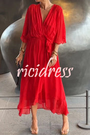 Solid Color V-neck Bat Sleeve Lace-up Irregular Hem Midi Dress