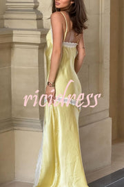 Sweet Trend Satin Lace Trim V-neck Slit Slip Maxi Dress