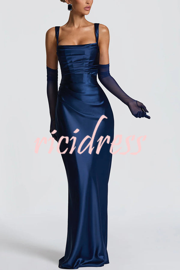 Calanthe Satin Square Neck Ruched Back Lace-up Drape Mesh Scarf Maxi Dress