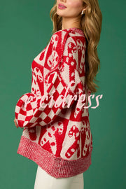 Christmas Candy Plaid Round Neck Long Sleeve Loose Knit Sweater