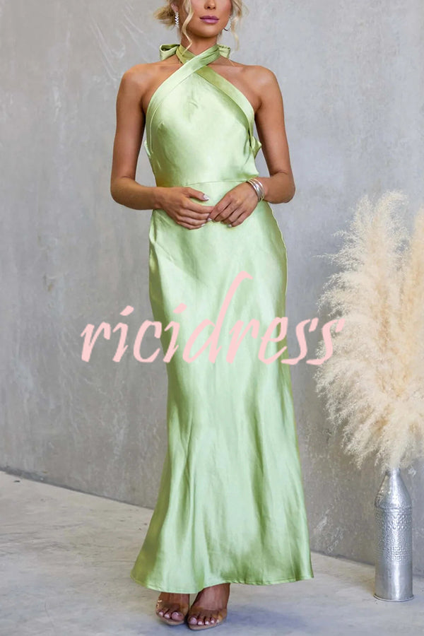 Satin Fashion Halter Backless Slim Elegant Maxi Dress