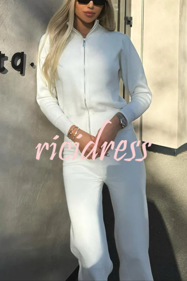 Cozycore Knit Zipper Long Sleeve Cardigan and Stretch Wide Leg Pants Set