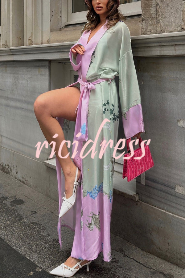 Karty Satin Unique Print Long Sleeve Belt Lapel Kimono Cover-ups