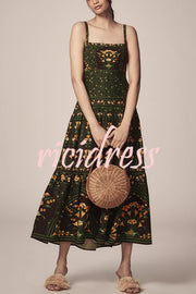 Tropical Look Linen Blend Floral Print Square Neck Back Smocked Midi Dress