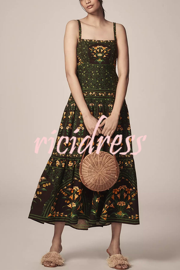 Tropical Look Linen Blend Floral Print Square Neck Back Smocked Midi Dress
