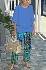 Fashion Round Neck Half Sleeve Loose Top and Elastic Waist Casual Straight Pants Set