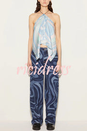 Artistic Girl Satin Unique Print Metal Chain Halter Draped Scarf Tank