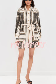 Hildie Unique Print Epaulettes Long Sleeve Flap Pockets Tie-up Waist Shirt Mini Dress