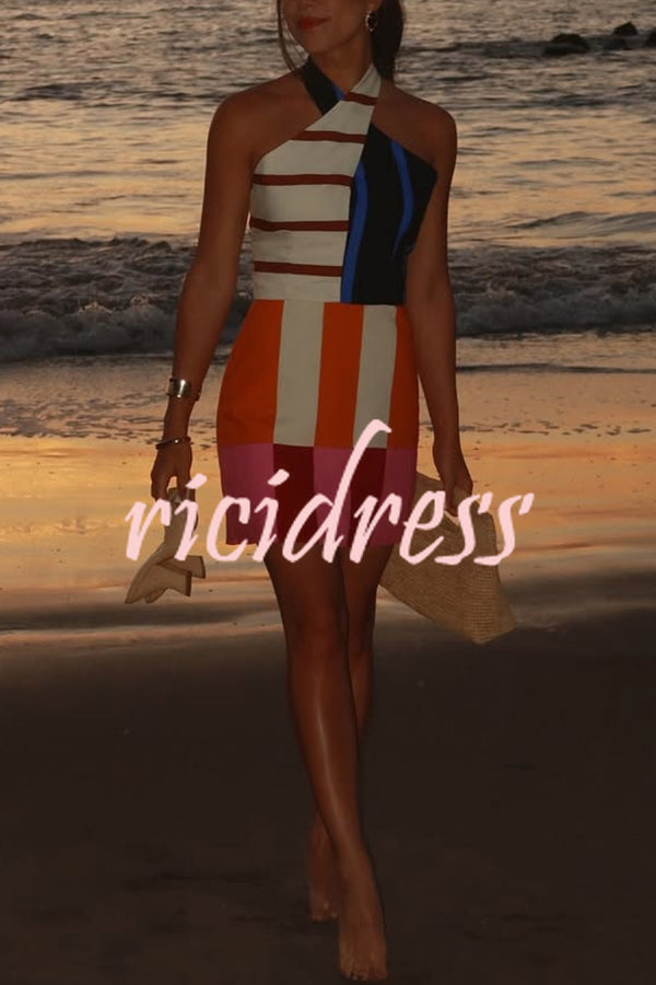 Jeniah Linen Blend Color Block Print Cross Halter Tie-up Loose Mini Dress