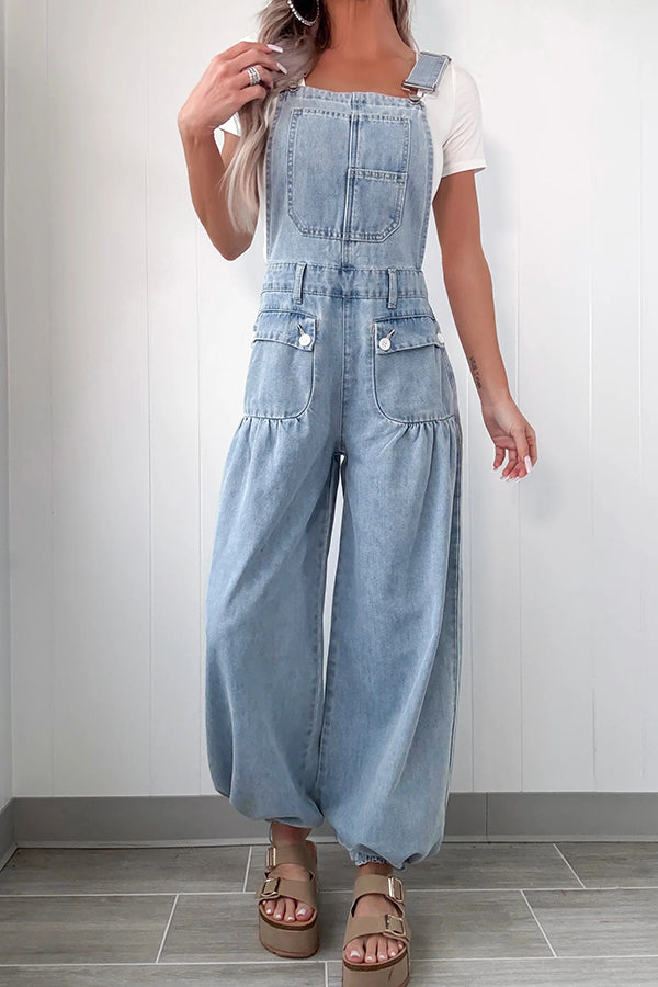 Fashion Casual Pocket Loose Wide-leg Adjustable Leg Cuffs Denim Overalls