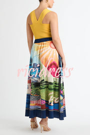 Seaside Holiday Satin Unique Print Knotted Scarf Top and Elastic Waist Loose Maxi Skirt Set