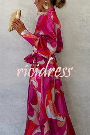 Unique Printed Long Sleeve V-neck Tie-up Waist Slit Maxi Dress