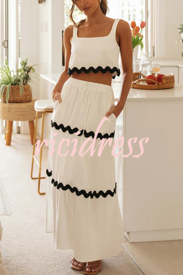 Napa Ric Rac Trims Sleeveless Crop Tank and Drawstring Elastic Waist Pocket Maxi Skirt