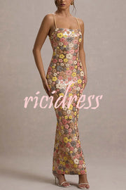 80's Inspired Floral Print Sequin Square Neck Slip Stretch Maxi Dress
