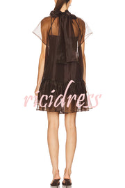 Cocktail Attire Sheer Organza Wide Sleeve Back Bow Layered A-line Mini Dress