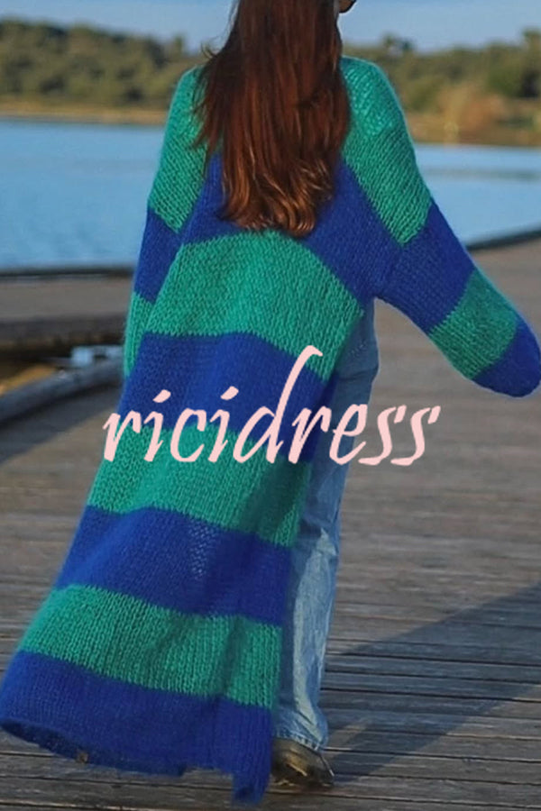 Fashionable Contrast Stripes Lazy Style Loose Long Knitted Cardigan