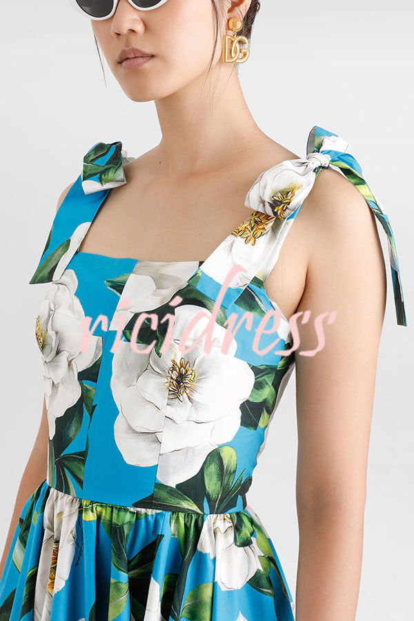 Fresh and Romantic Floral Print Square Neck Knotted Straps Mini Dress