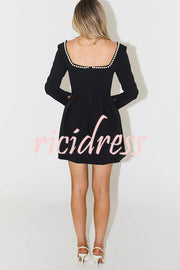 You'll Remember Me Pearl Embellished Square Neck Long Sleeve Mini Dress