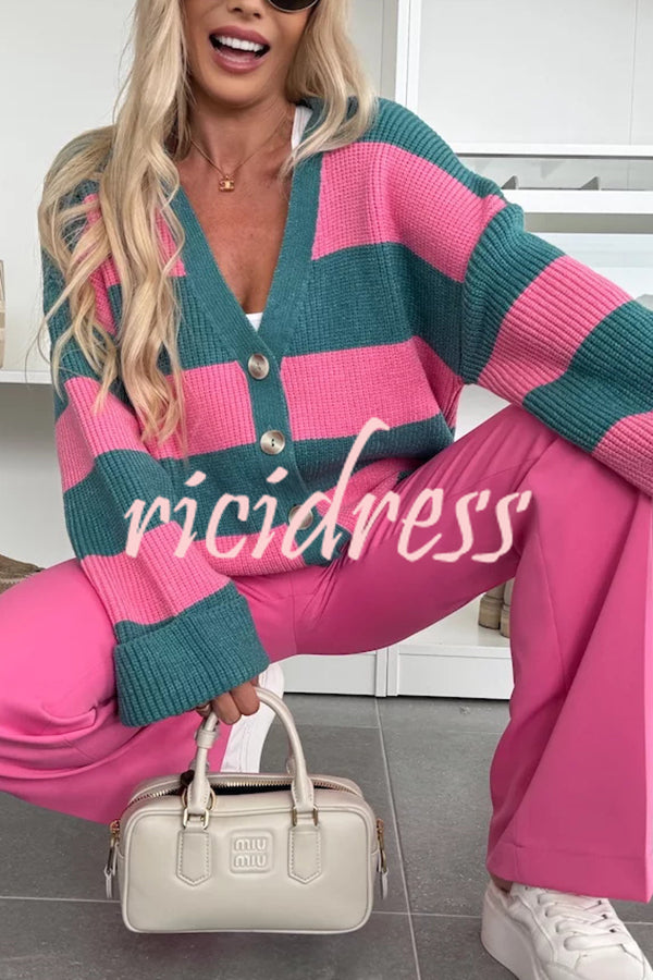 Fashion Contrast Striped Casual V-neck Long-sleeved Knitted Cardigan