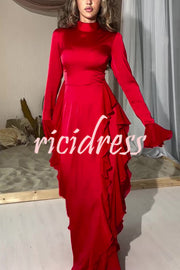 Cline Solid Color High Neck Long Sleeve Elegant Ruffles Maxi Dress