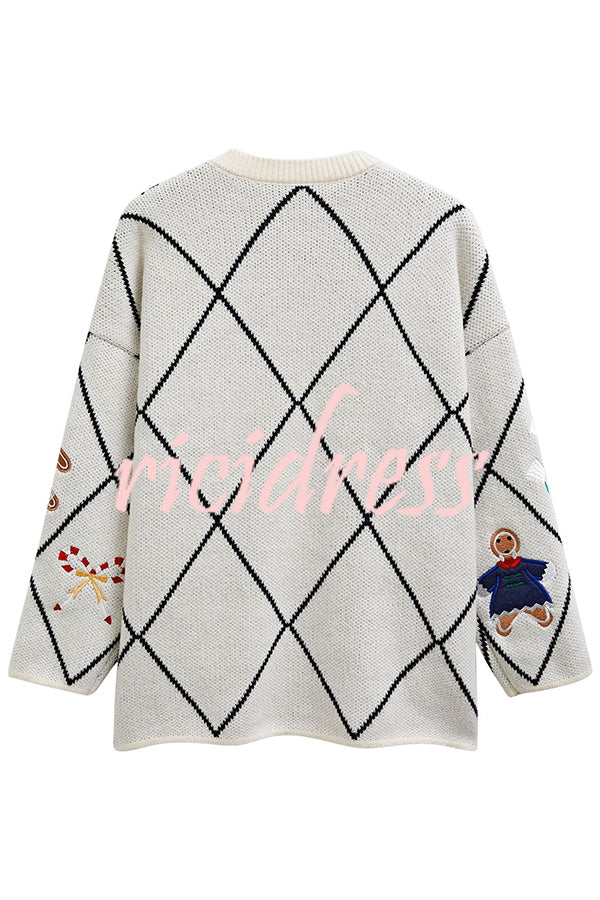 Argyle Candy Gingerbread Man Embroidered Button-knit Cardigan