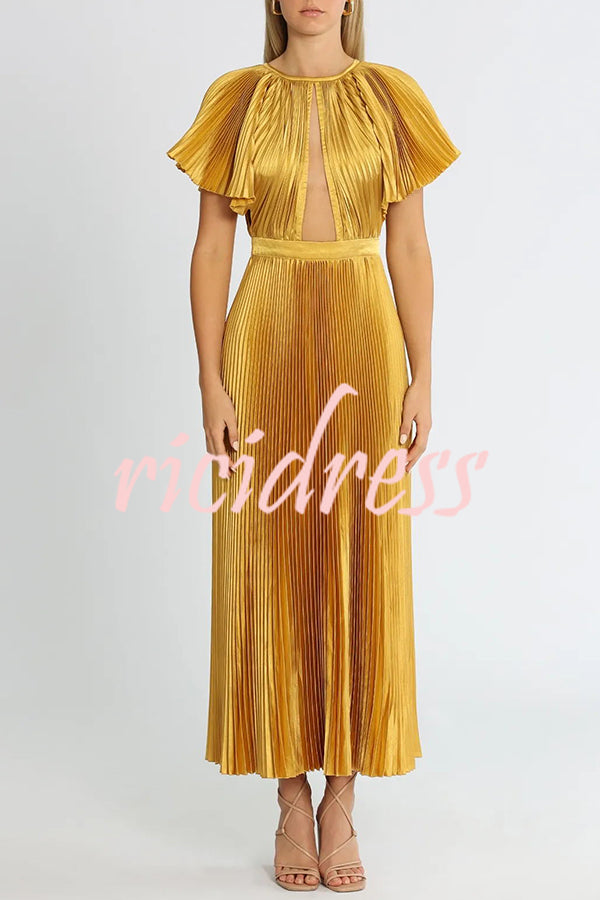 Flash Goddess Satin Pleated Bell Sleeve Cutout Detail Gown Maxi Dress