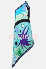 Naughty Lady Satin Unique Print One Shoulder Irregular Hem Vacation Midi Dress