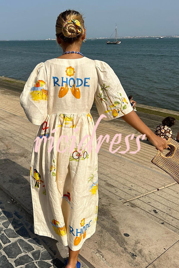Cozy Summer Linen Blend Unique Print Button Puff Sleeve Loose Midi Dress