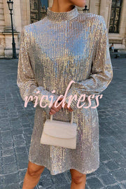 Fashionable Sequined Long-sleeved Belted Casual Mini Dress