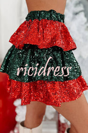 Little Christmas Magic Elastic Waist Tiered Sequin Mini Skirt