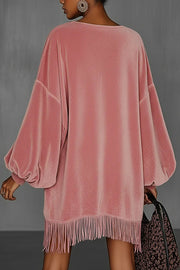 Solid Color Loose Long-sleeved Casual Tassel Hem Mini Dress