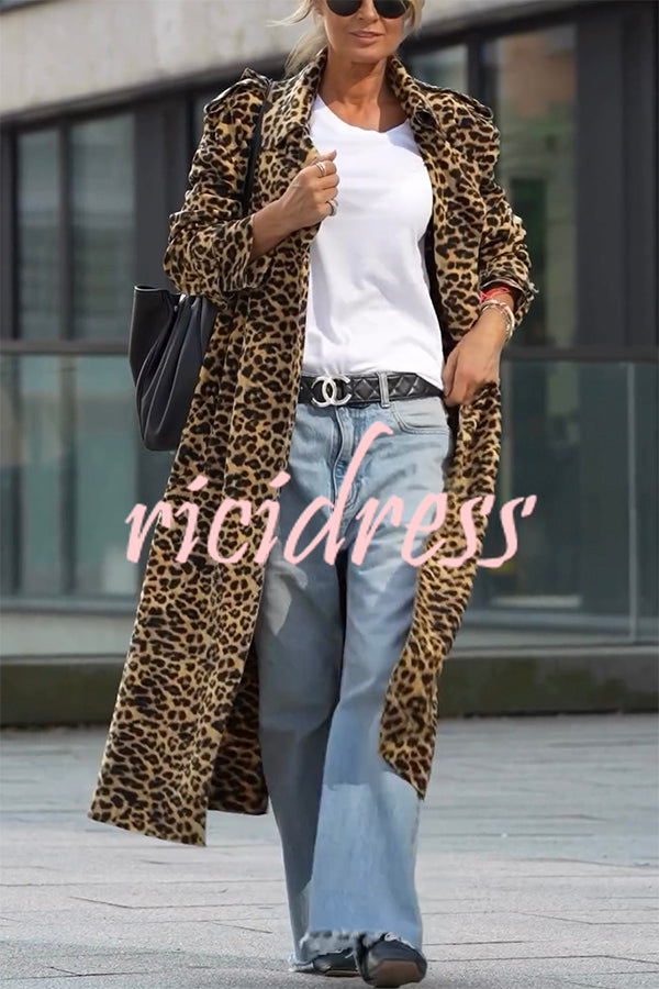 Be Free Velvet Leopard Print Long Sleeve Loose Midi Trench Coat