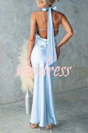 Satin Fashion Halter Backless Slim Elegant Maxi Dress