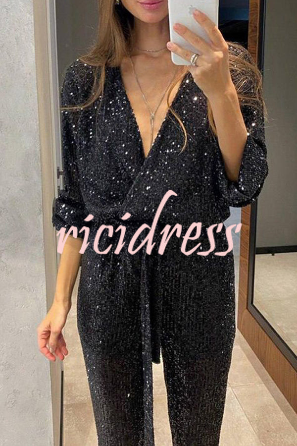 Cheers To You Sequin Long Sleeve Belted Wrap Loose Jumpsuit