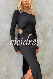 Sevani Ribbed Side Cutout Tie-up Long Sleeve Slit Stretch Midi Dress
