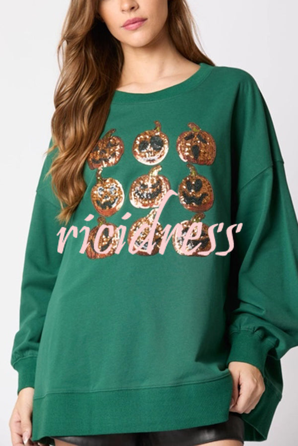 Halloween Pumpkin Sequin Loose Casual Sweatshirt