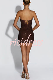 Lindsay Sequin Pleated Cowl Scooped Neckline Back Lace-up Strapless Mini Dress