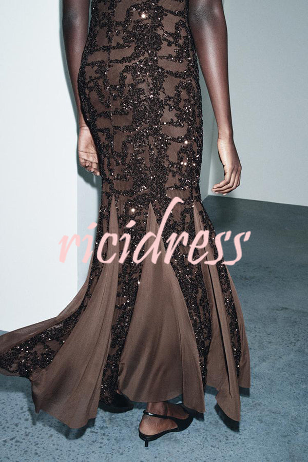 Twilight Gleam Sequin Textured Tulle Hem Halter Backless Maxi Dress