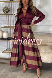 Lindsey Satin Colorblock Contrast Long Sleeve Belted Shirt Maxi Dress