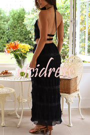 Feel Chic and Romantic Sequin Textured Material Back Elastic Halter Tie Tank