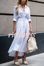 Solid Color Lapel Long Sleeve Casual Waist Midi Dress
