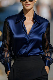 Solid Color Satin Loose-fitting See-through Long-sleeved Casual Shirt