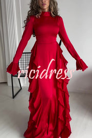 Cline Solid Color High Neck Long Sleeve Elegant Ruffles Maxi Dress