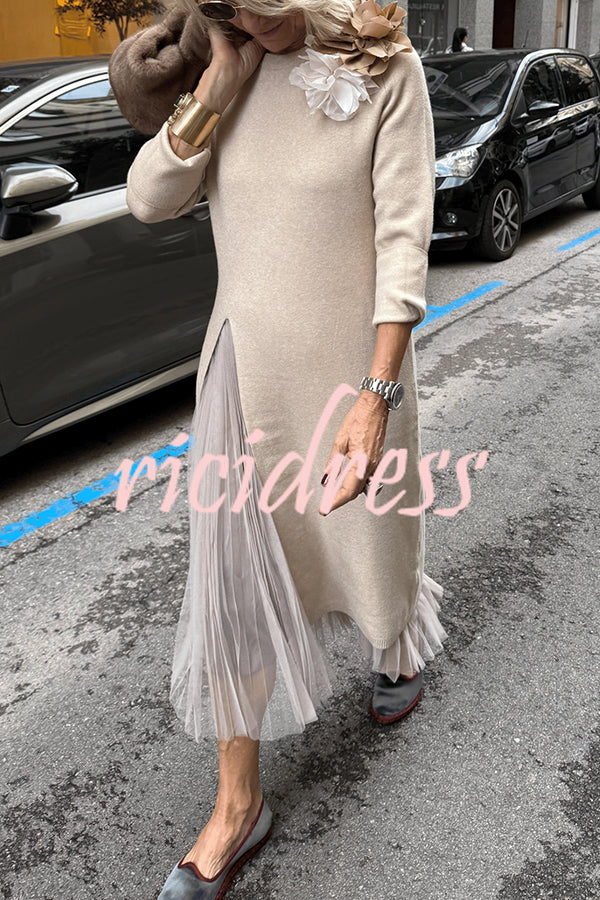 Jollie Knit Long Sleeve Front Slit Midi Sweater and Pleated Tulle Stretch Tank Midi Dress Two-piece Set
