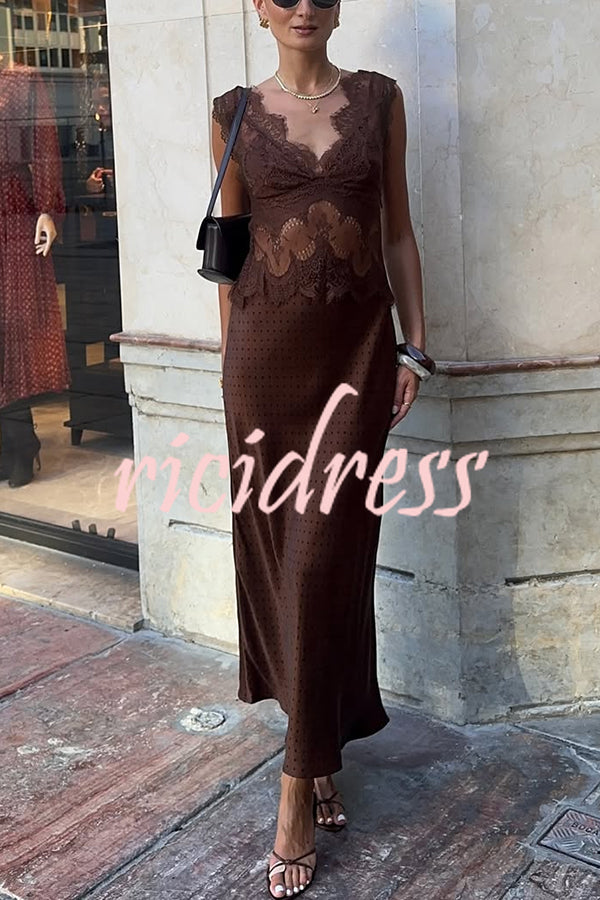 Wonderful Fusion Satin Lace Trim Poka Dot V-neck Drape Maxi Dress